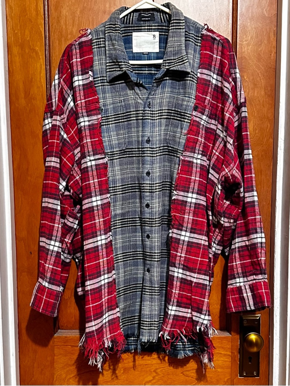 R13 Red and Blue Plaid Pieced Flannel Drop Neck Flannel Workshirt